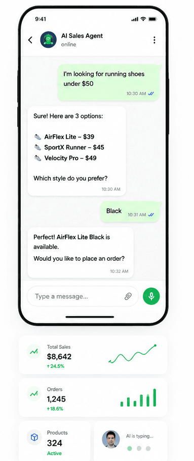 AI Sales Agent on mobile with chat and dashboard stats